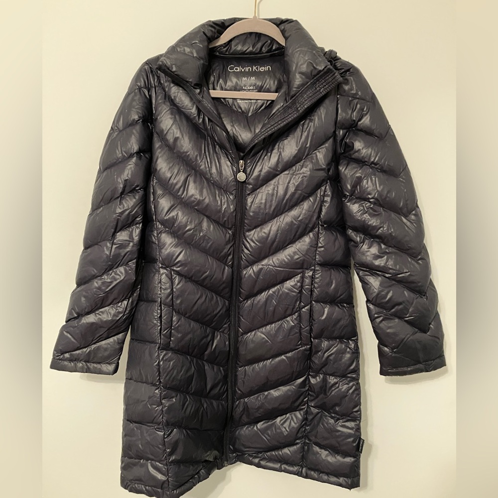 Calvin Klein navy hooded puffer coat premium down quilted lightweight packable M